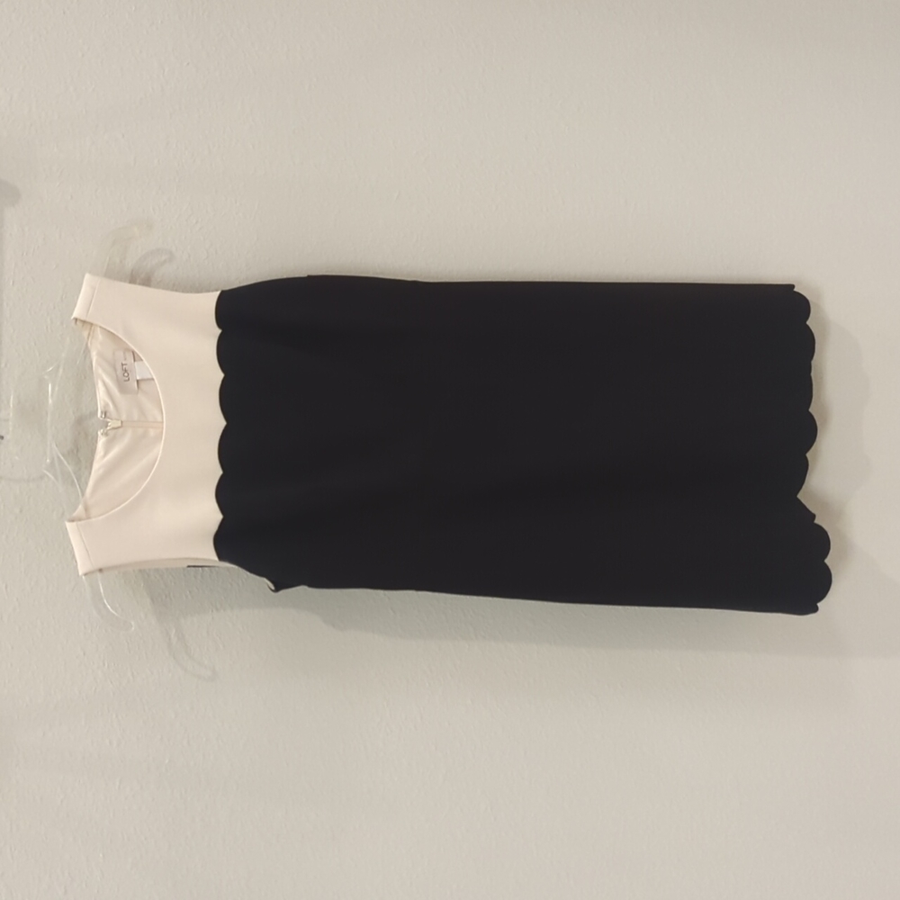 Petitie Cream and black lined Loft dress with scalloped details